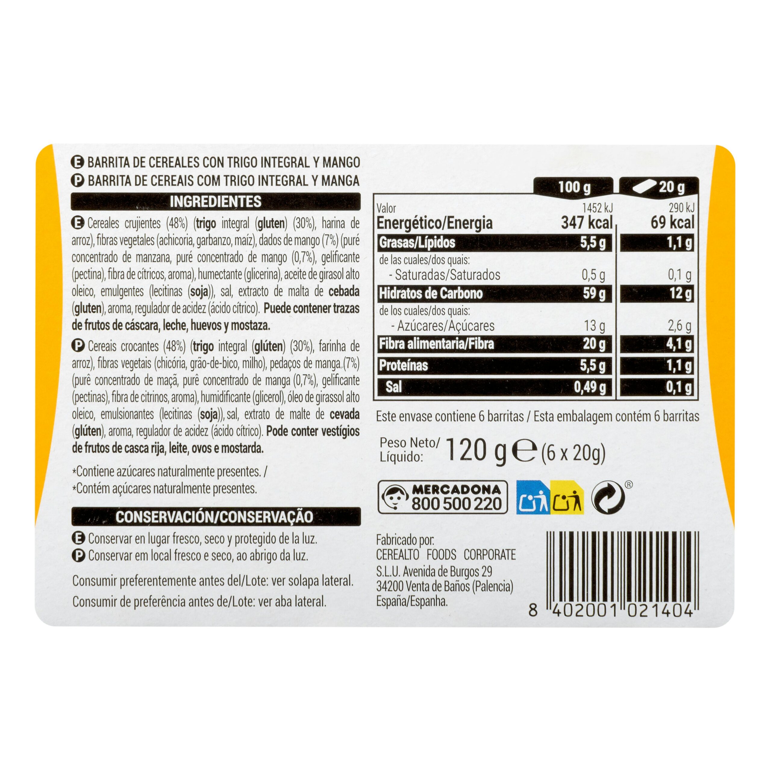 Etiqueta Barritas de cereales Hacendado sabor mango 0% azúcares añadidos